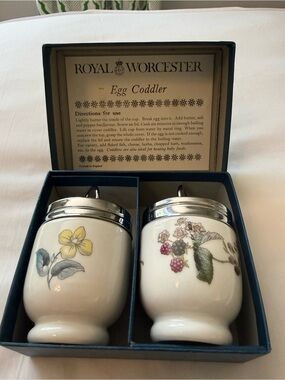 Royal Worcester Porcelain Egg Coddlers in White with Yellow & Pink Floral Motifs